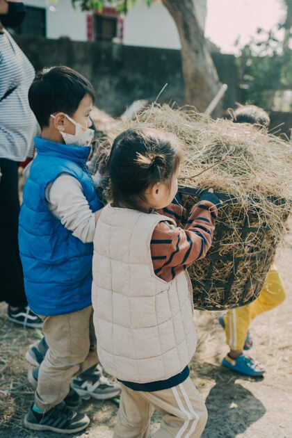 孩子們持續幫忙運送稻草